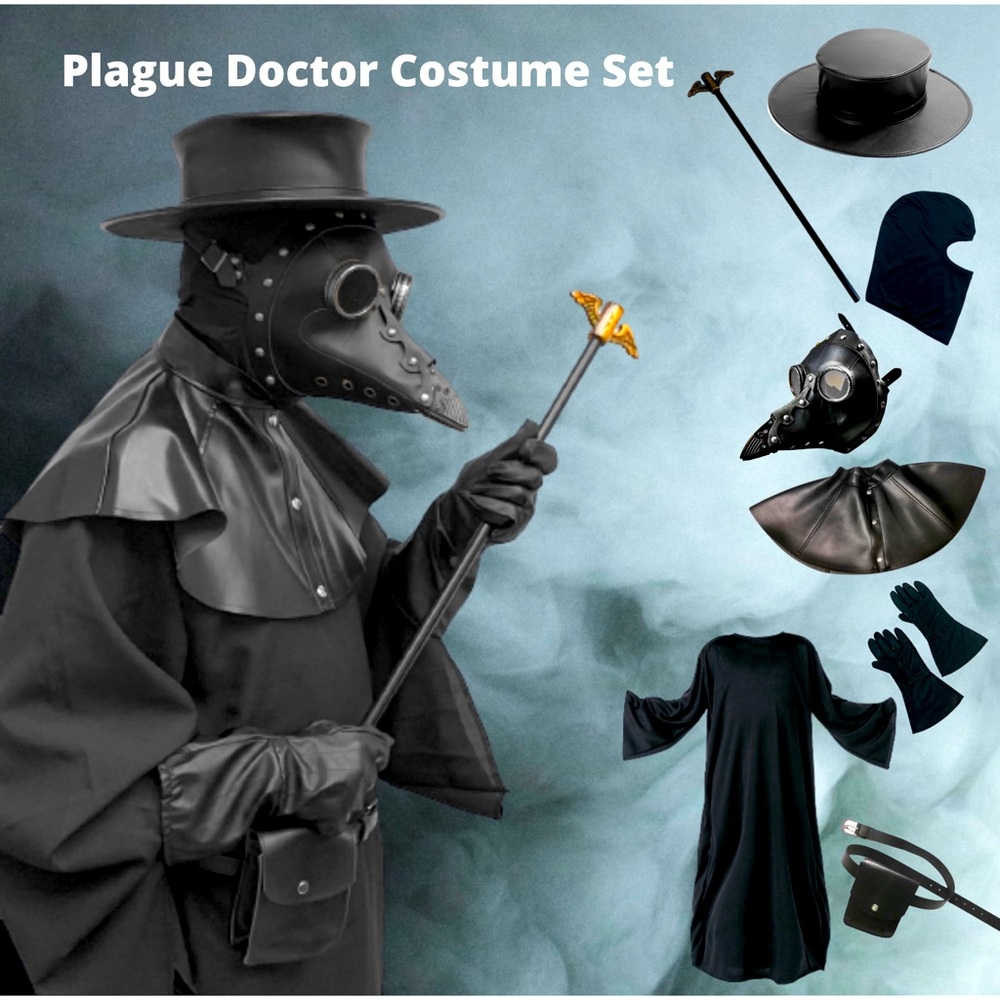 Plague Doctor Halloween Party Cosplay Costume Set with Mask, Robe, Hat Accessory